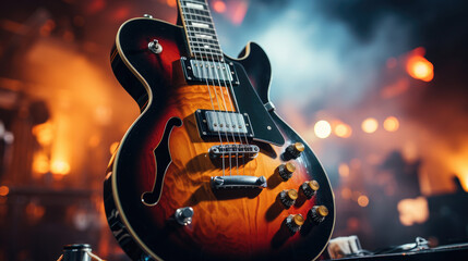 Fototapeta premium Close-up of electric guitar on a stand on stage