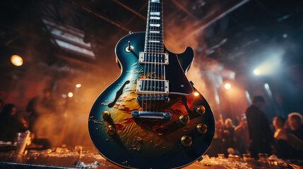 Obraz premium Close-up of electric guitar on a stand on stage