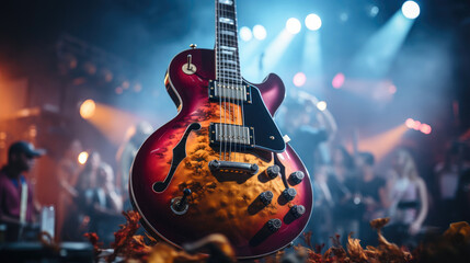 Obraz premium Close-up of electric guitar on a stand on stage