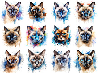 Set of cats painted in watercolor on a white background in a realistic manner, colorful, rainbow.