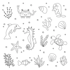 Crédence de cuisine en verre imprimé Vie marine Set of different sea or ocean animals, seashells and seaweeds, vector outline for coloring book
