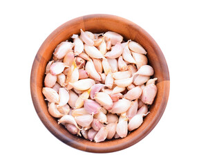 Garlic in a separate wooden bowl on transparent png