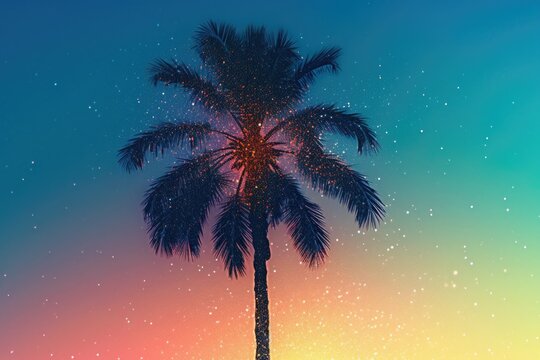 Using a retro filter, a silhouette of a palm tree at twilight. made using generative AI tools