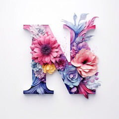 3d render generic logo watercolor floral alcohol ink with letter N. Watercolor floral alphabet