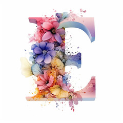3d render generic logo watercolor floral alcohol ink with letter E. Watercolor floral alphabet
