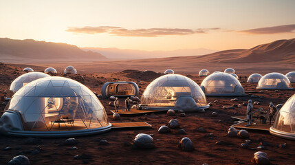 Small futuristic domes in the Martian desert, 3D rendering, space mission to Mars, cluster of glass geodesic domes, Martian village of futuristic huts, scifi Ai art, camp of space travellers