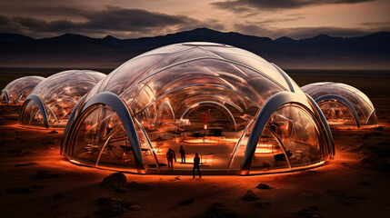 Futuristic big structure in the martian planet, concept art, 3d illustration, space station on Mars, geodesic dome, futuristic buildings, mars vacation, scifi architecture, Ai art, space tourism - obrazy, fototapety, plakaty