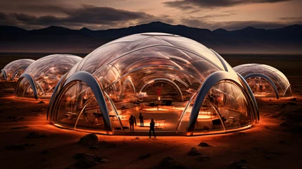 Futuristic big structure in the martian planet, concept art, 3d illustration, space station on Mars, geodesic dome, futuristic buildings, mars vacation, scifi architecture, Ai art, space tourism © Andrea Marongiu