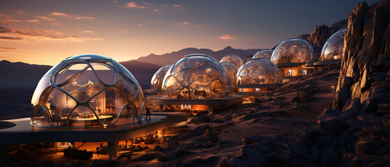 Exploring martian Colony, terraforming, Moon Dome City, geodesic domes on Mars surface. 3D renderings of glass huts. Metal and glass geodesic dome houses. Ai generated Geodesic bubbles