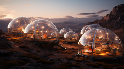 Exploring martian Colony, terraforming, Moon Dome City, geodesic domes on Mars surface. 3D renderings of glass huts. Metal and glass geodesic dome houses. Ai generated, pioneer space research, sci-fi - obrazy, fototapety, plakaty