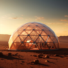 Exploring martian Colony, terraforming, geodesic dome on Mars surface. 3D renderings of glass hut. Metal and glass geodesic dome house. Geodesic bubble