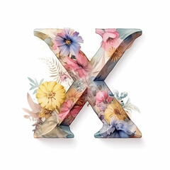 3d render generic logo watercolor floral alcohol ink with letter X. Watercolor floral alphabet