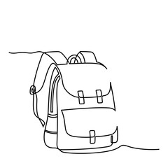 Backpack, school bag for school students in continuous line style. Back to school concept. Hand drawn, line art. Icon. Graphic design, vector, illustration