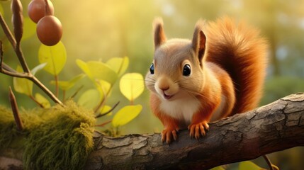 Small squirrel nibbles on a nut while perched on a branch, its adorable eyes gleaming with curiosity. Generative AI - obrazy, fototapety, plakaty