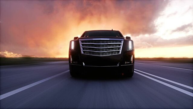 big black luxury car on highway. Very fast driving.