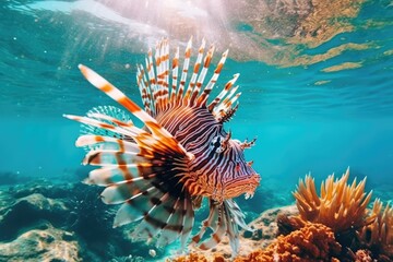Underwater, a predatory lionfish was photographed. A deadly redfish lives on a tropical reef. Snorkeling among the diverse aquatic life of the coral reef. coral reefs, fish, and the sea - obrazy, fototapety, plakaty