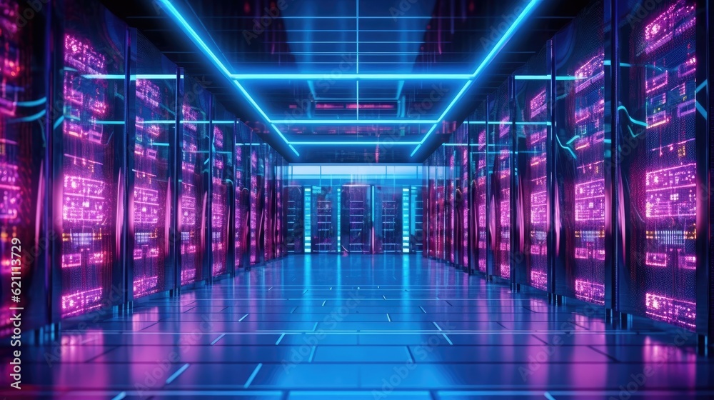 Poster server room at a data center. retention of big data. cloud computing technology. made using generati