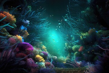 undersea coral reef, coral lagoon, and landscape when snorkeling. made using generative AI tools
