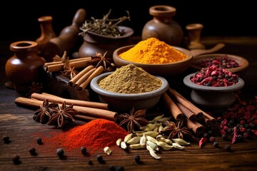 Variety of spices and herbs on a wooden table. ai generative