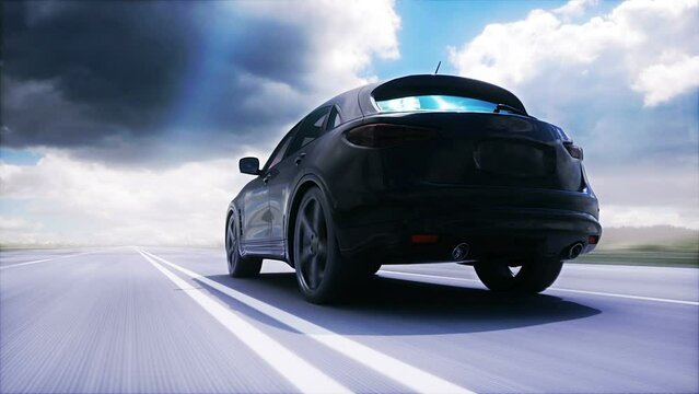 Luxury black car on highway. Very fast driving.