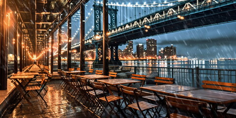 Naklejka premium New York panoramic view from hotel window at night city street ,building windows blurred light 