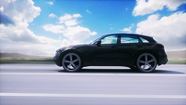 Luxury black car on highway. Very fast driving.