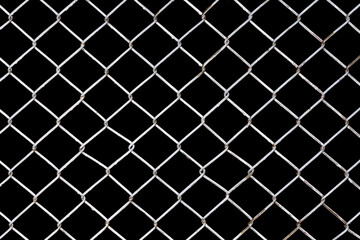 Naklejka premium white Rusty Chain Link Fence on black background, Black and white abstract closeup of a chain link background