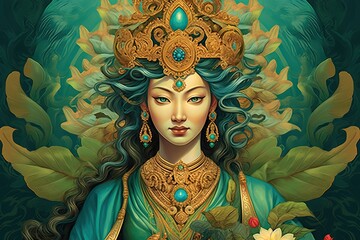 beautiful green tara buddha, illustration, generative ai - obrazy, fototapety, plakaty