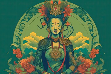 beautiful green tara buddha, illustration, generative ai - obrazy, fototapety, plakaty