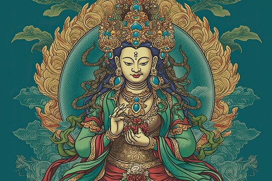 beautiful green tara buddha, illustration, generative ai