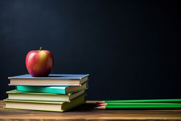 Illustration of a stack of books with an apple on top, symbolizing the start of a new school year created with Generative AI technology