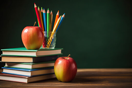 Illustration of a stack of books with a glass of pencils and an apple on top, representing the back to school theme created with Generative AI technology