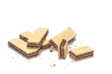 chocolate wafer on white background, selective focus on object.