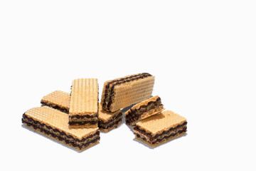 chocolate wafer on white background, selective focus on object.