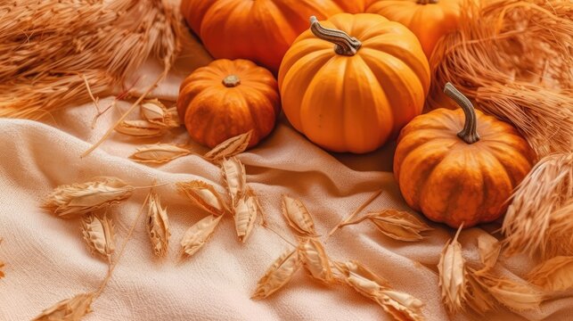 Fall preparations On a white and orange backdrop, dried leaf-covered pumpkins. Autumnal-themed fall and Thanksgiving still photos Vertical anime-style image