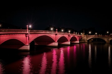 A bridge lit up in pink reflecting in the water