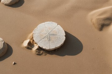 Fototapeta na wymiar A broken sand dollar nestled among the beach pebbles