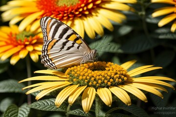 A butterfly landing on a bright marigold in a garden