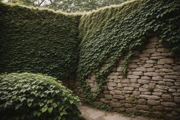 A crumbling stone wall overtaken by creeping ivy - obrazy, fototapety, plakaty
