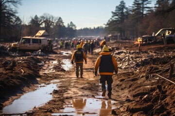 Photograph of emergency response teams mobilizing in the aftermath of a tornado, demonstrating their swift action and commitment to recovery efforts. Generative Ai