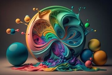 Fototapeta premium Vibrant 3D painting: Surrealistic, flowing textures meet colorful explosions and flowing fabrics in light orange and beige hues. Rendered in Cinema4D, stunning fusion of cyan and bronze. Generated AI