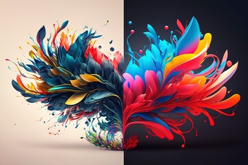 Vibrant 3D painting: Surrealistic, flowing textures meet colorful explosions and flowing fabrics in light orange and beige hues. Rendered in Cinema4D, stunning fusion of cyan and bronze. Generated AI