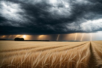 A golden wheat field under a stormy sky