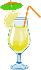 Color illustration of cocktail glass with lemon drink. 
Vector illustration of lemonade with cocktail umbrella, lemon slice and straw. Image of summer cocktail glass with lemon drink in vector.