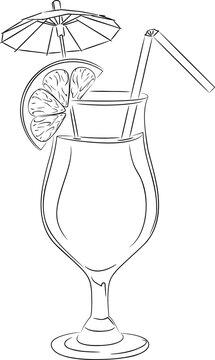 Line art illustration of cocktail glass with lemon drink. 
Vector illustration of lemonade with cocktail umbrella, lemon slice and straw. Image of summer cocktail glass with lemon drink in vector.