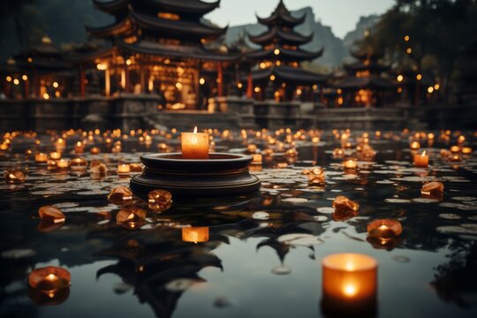 A mesmerizing photo of a Buddhist temple illuminated by soft candlelight or lanterns, creating a serene and peaceful ambiance. Generative Ai