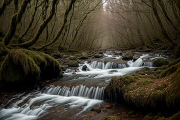 A meandering stream flowing through a mossy forest