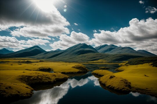 A mirror reflecting a parallel universe filled with floating islands