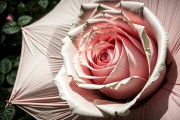 A pink umbrella shelters a single rose