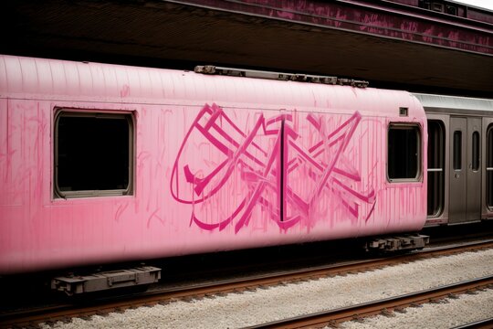 A pink ribbon graffiti tag sprayed onto a train car